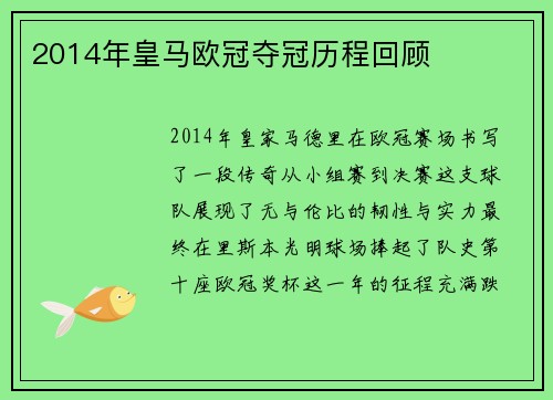 2014年皇马欧冠夺冠历程回顾