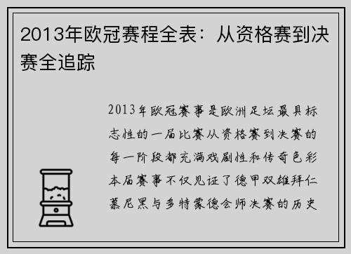 2013年欧冠赛程全表：从资格赛到决赛全追踪